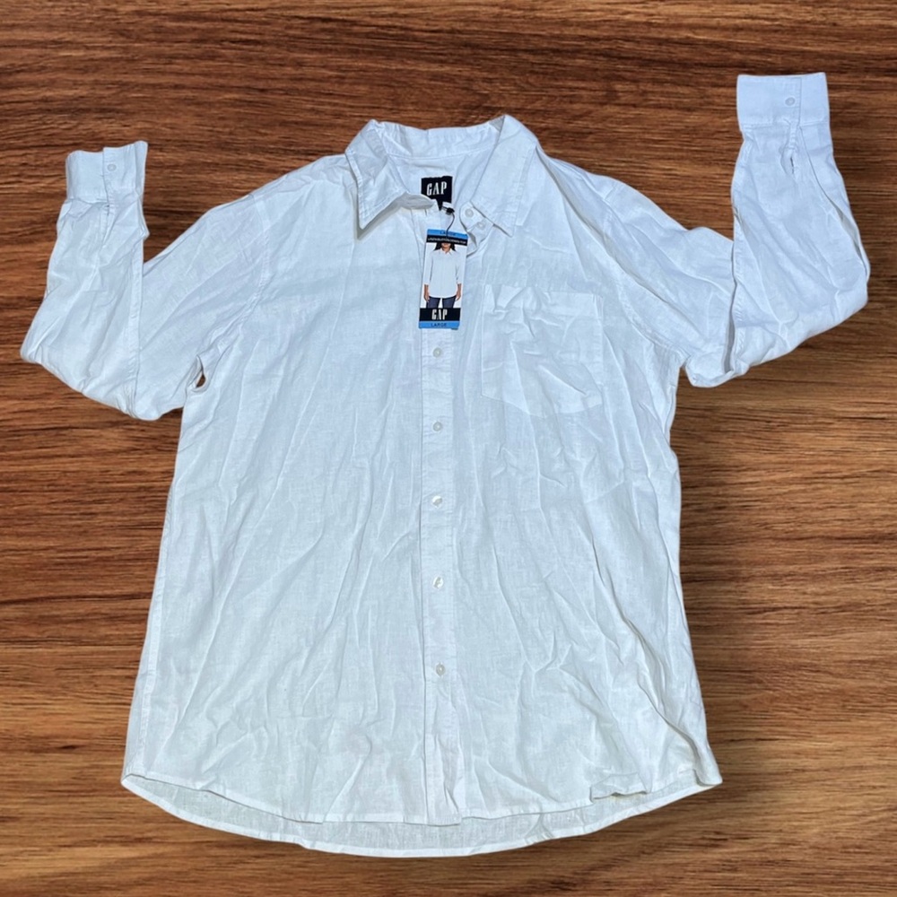 GAP White Linen Button Down Shirt with Pointed Collar